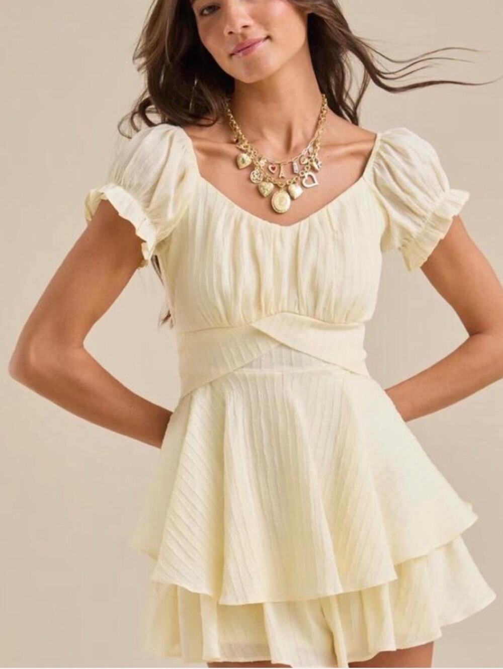Altar’d State Lola Ribbed Crossover Mini Dress Romper in Ivory. Size L
